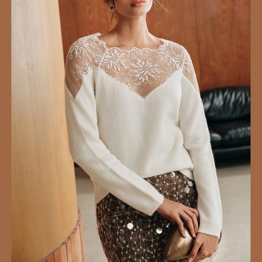 Ivory Sheer Lace Yoke Boat Neck Sweater